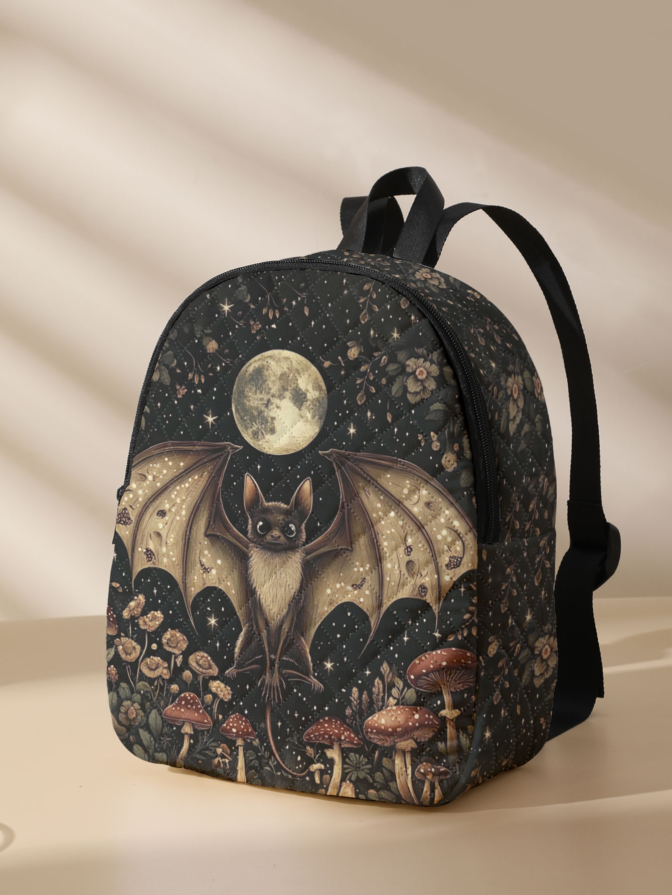 Mini Backpack Women - Bat Moon Mushroom Floral Print Quilted