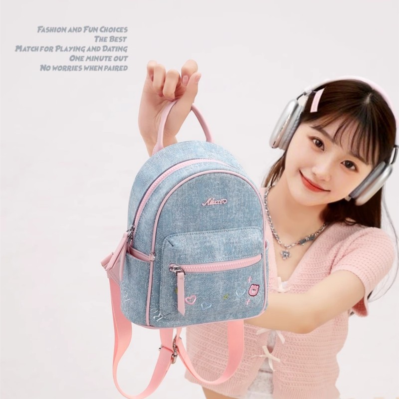 Blue Denim Embroidered Bear Ba - Mini Backpack Women ulasan dan harga